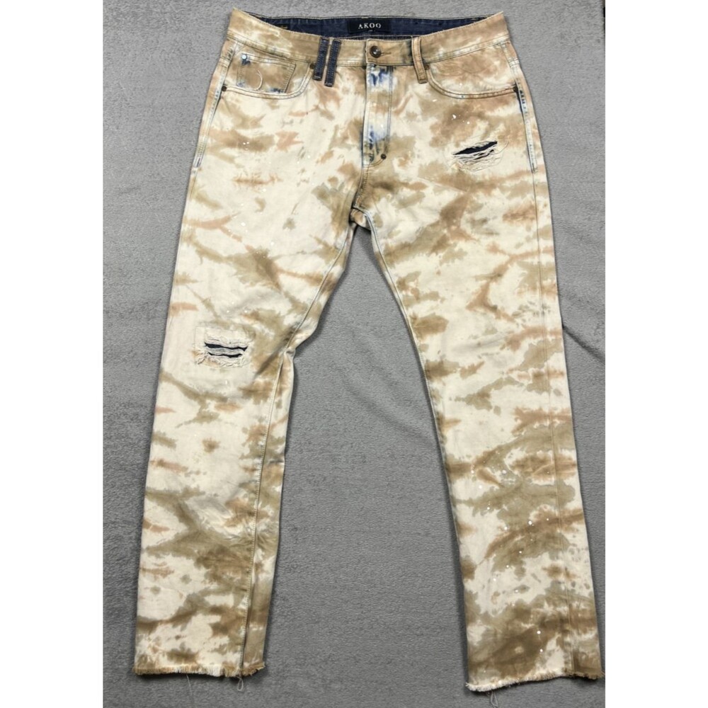 Akoo Jeans Mens Size 34 No Rivals Big Oak Fit Beige Acid Wash Distressed Hip Hop